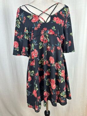 one clothing Black Mini Dress with Red Floral Print and Green Leaves Crisscross